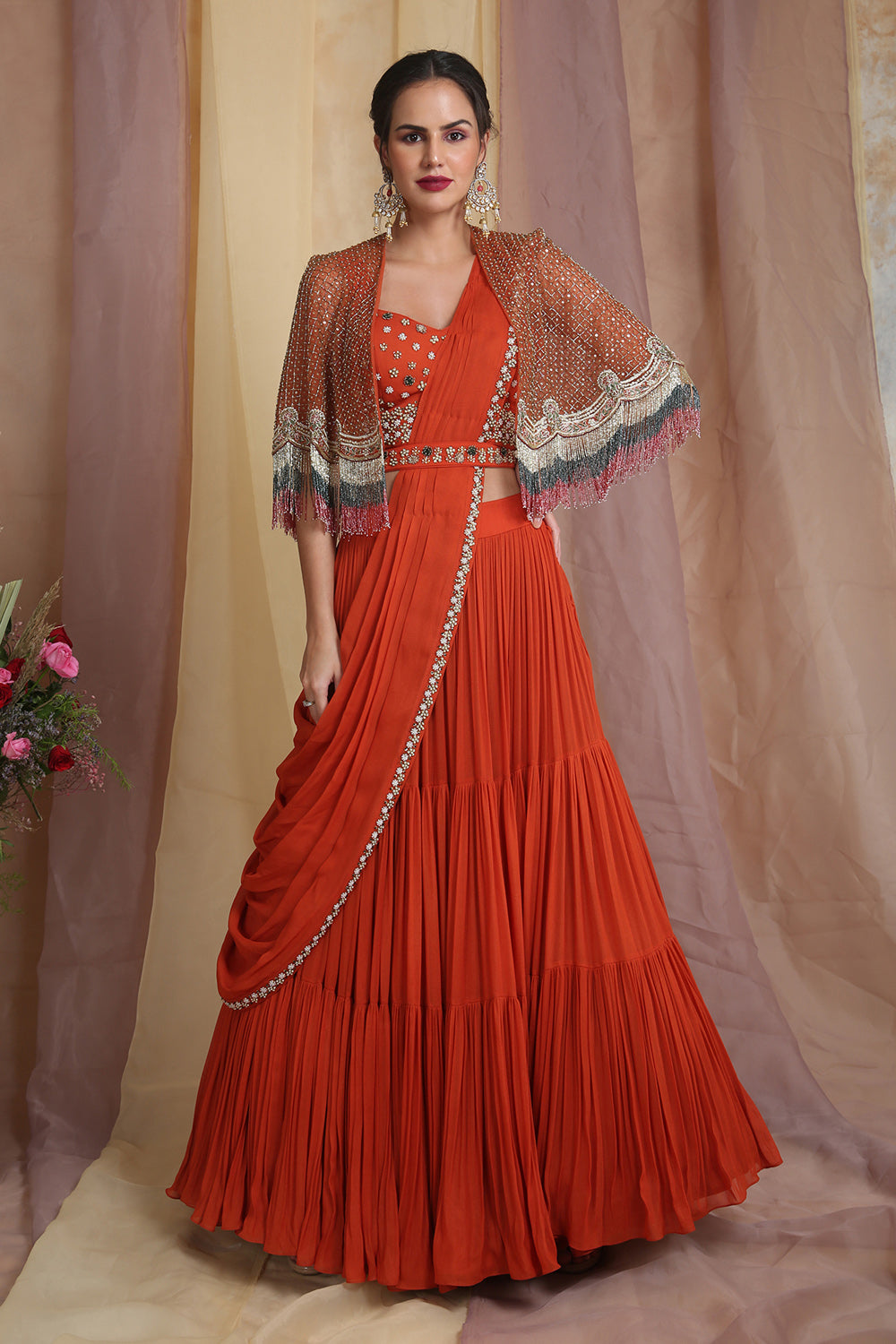 Rust Cape Drape Lehenga Saree