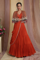 Rust Cape Drape Lehenga Saree