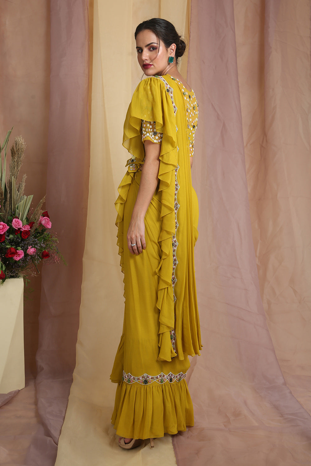 Radiant Yellow Belt Bag Drape Saree