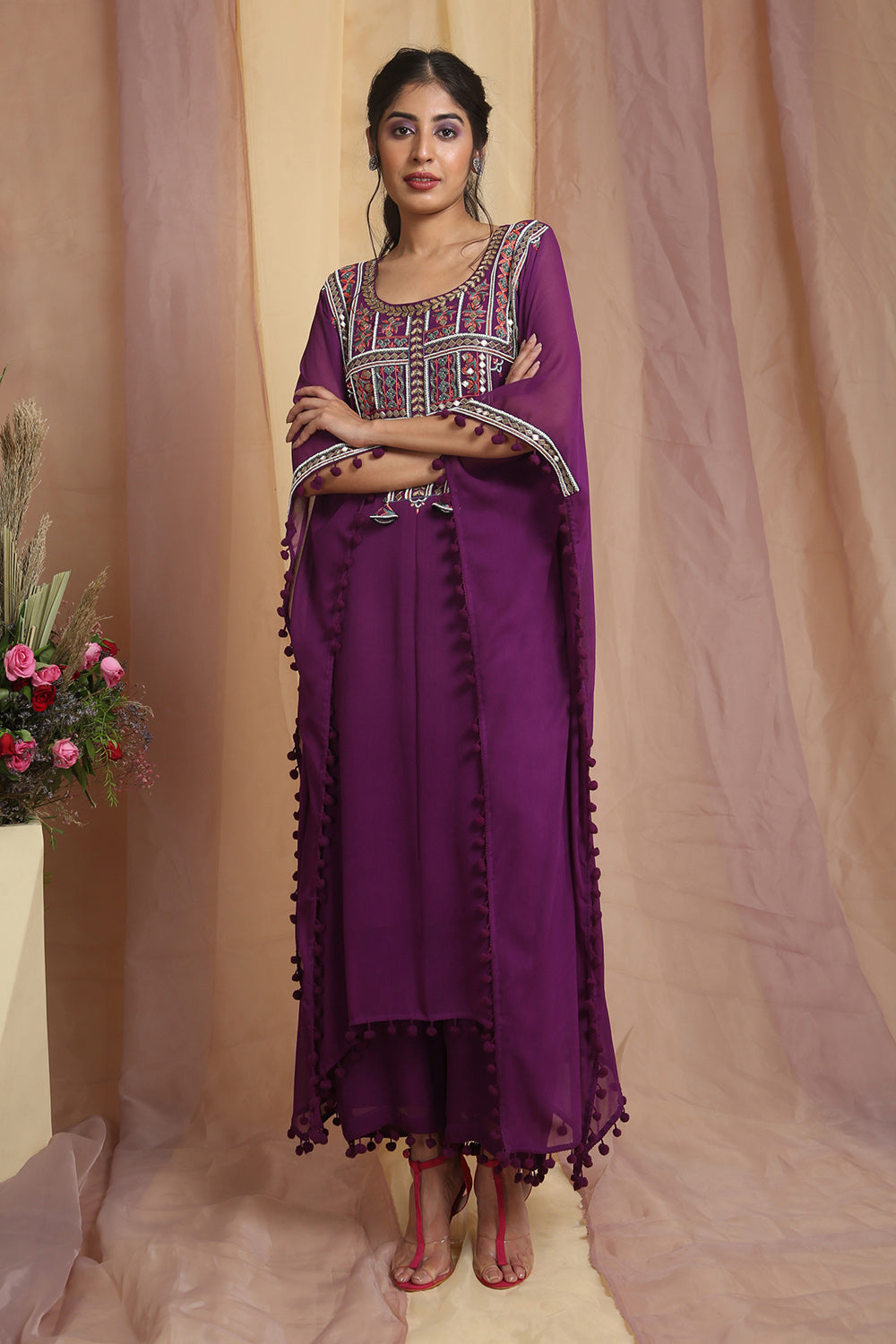 Purple Multi Color Embroidered Kaftaan Set