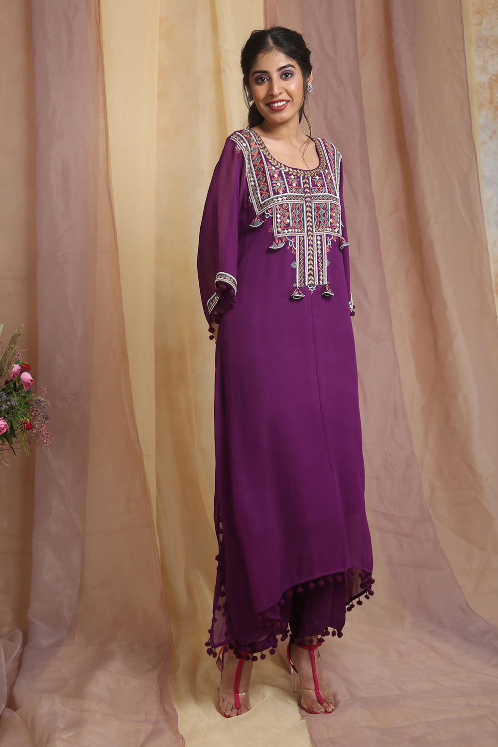 Purple Multi Color Embroidered Kaftaan Set