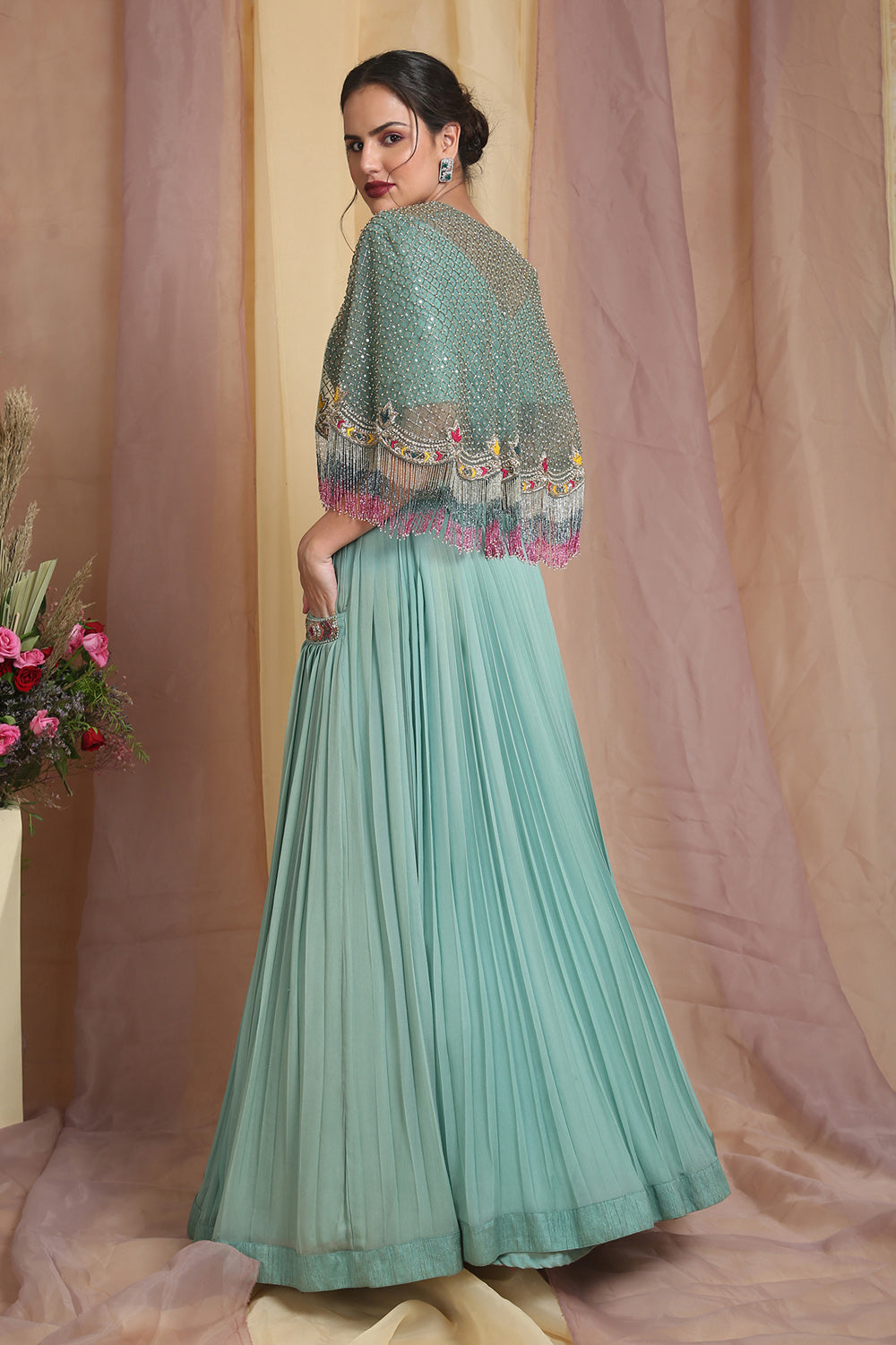 Sea Green Cape Drape Skirt Set