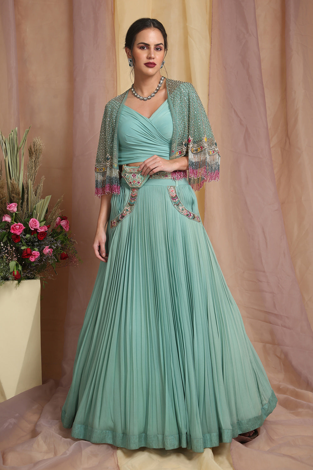 Sea Green Cape Drape Skirt Set