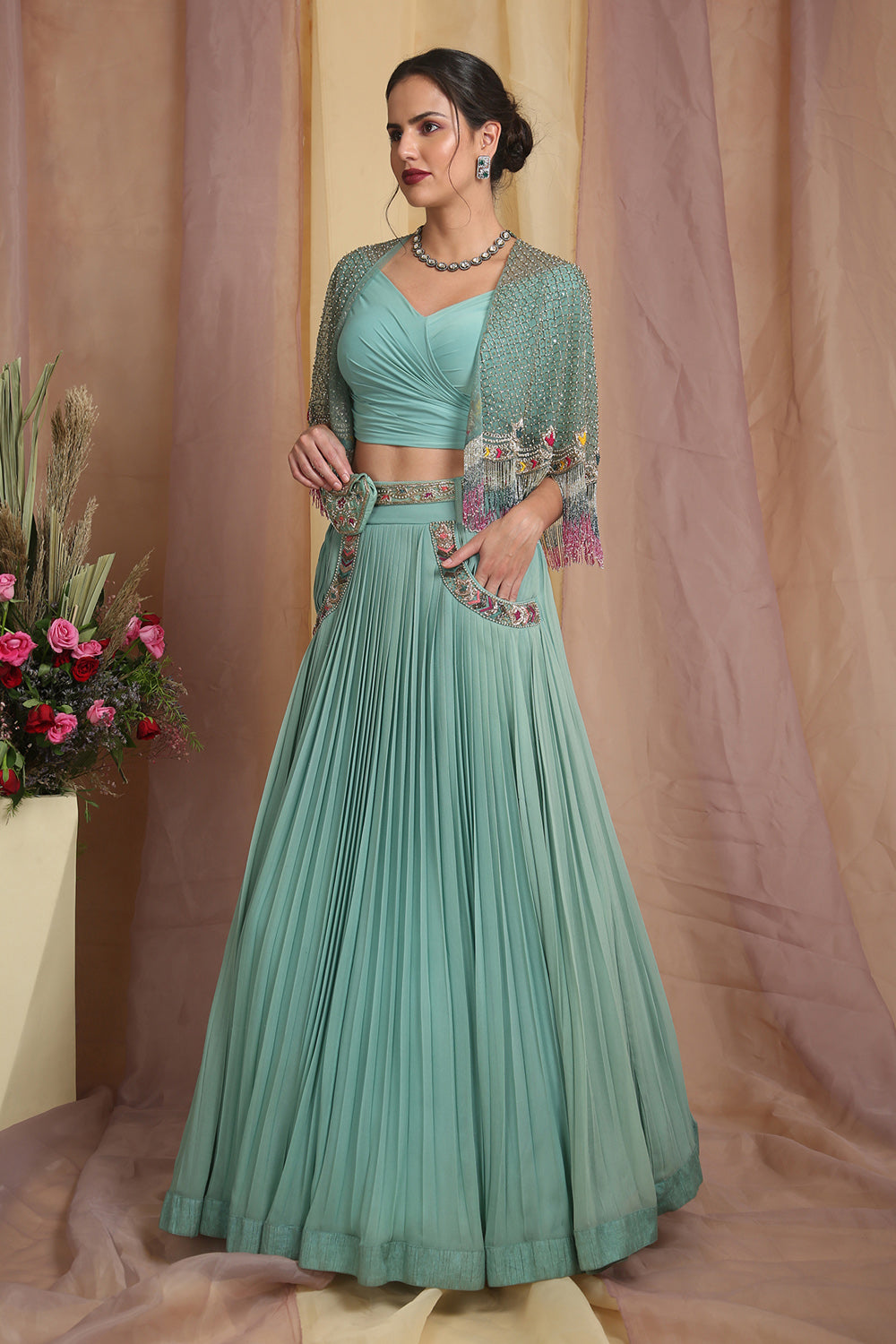 Sea Green Cape Drape Skirt Set