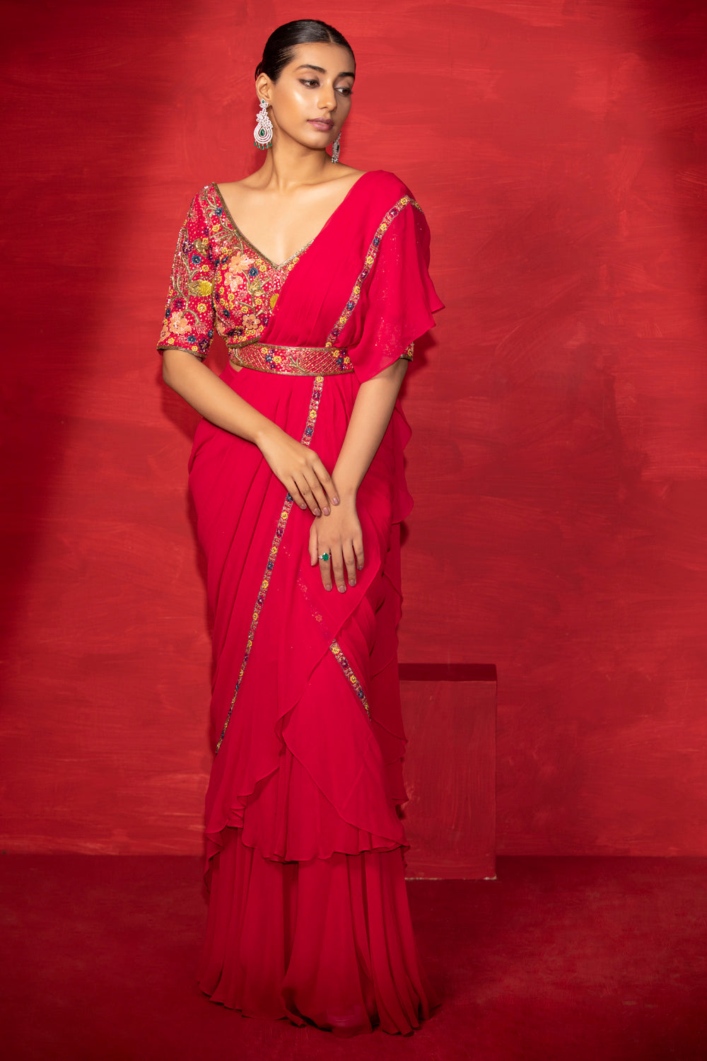 Ruffle Saree With Embroidered Blouse And Belt