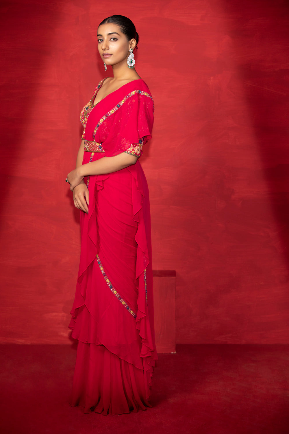 Ruffle Saree With Embroidered Blouse And Belt