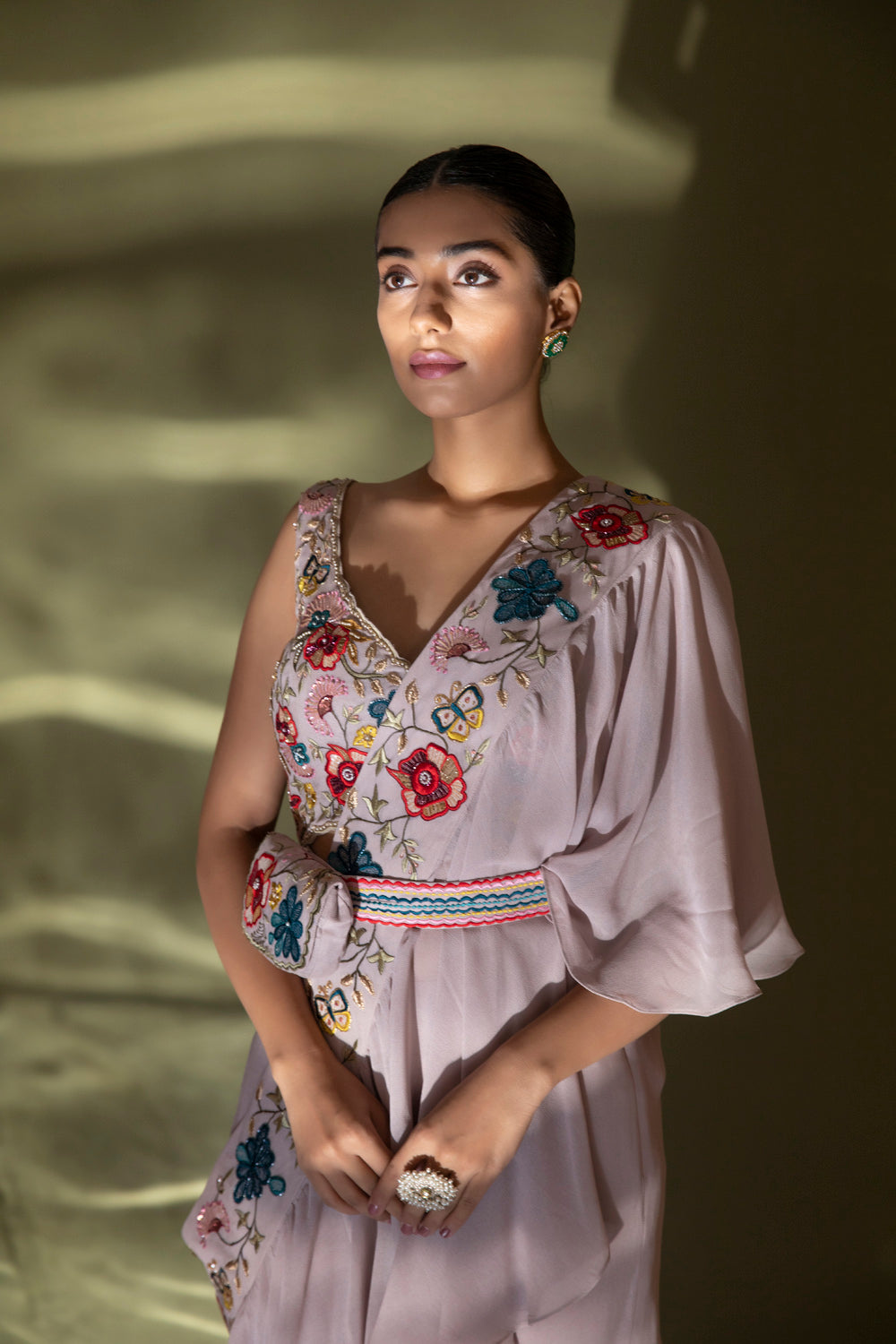 Dione Plazo Drape With Embroidered Blouse And Belt Bag