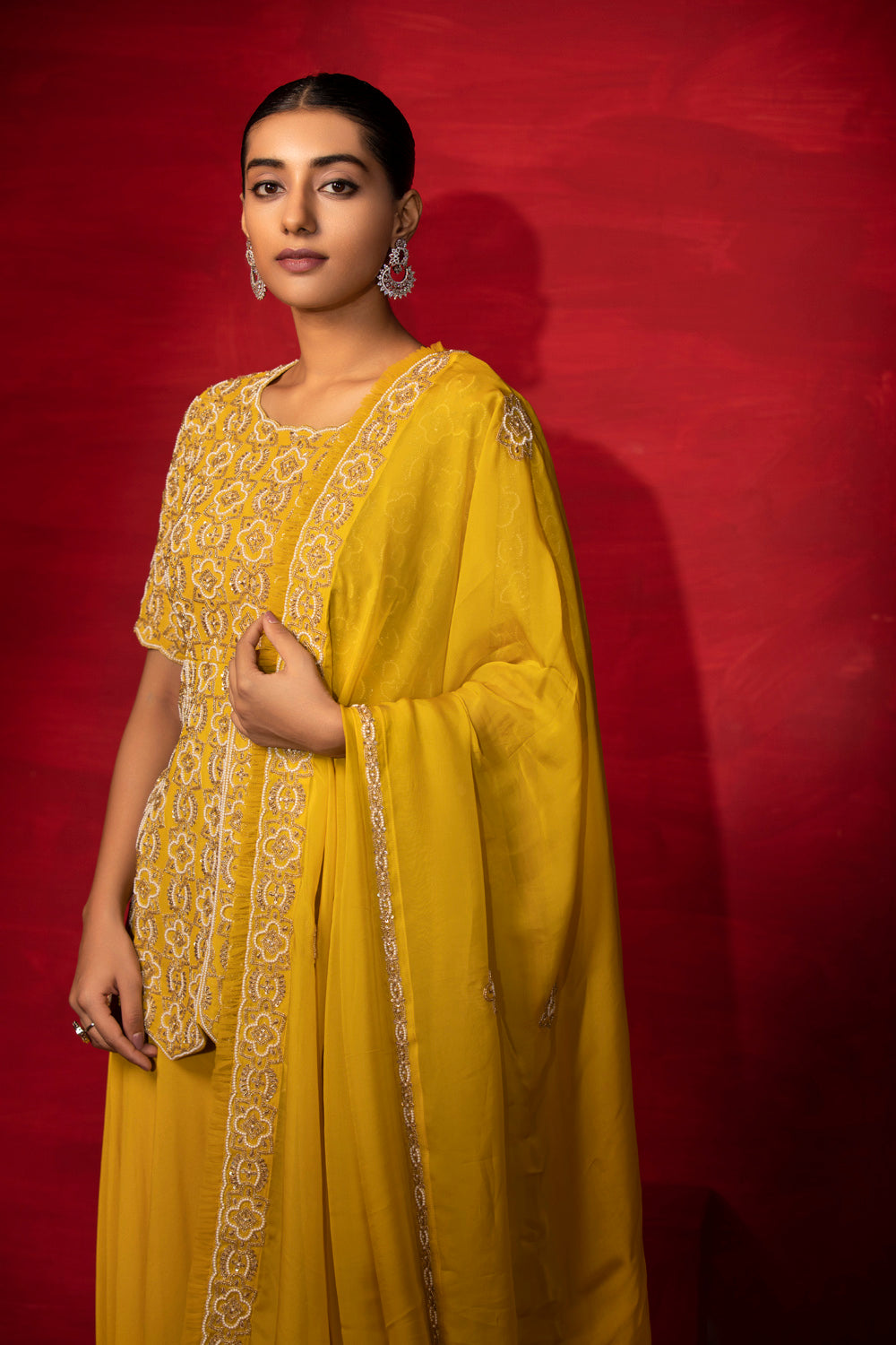 Yellow Embroidered Kurta With Gharara Set