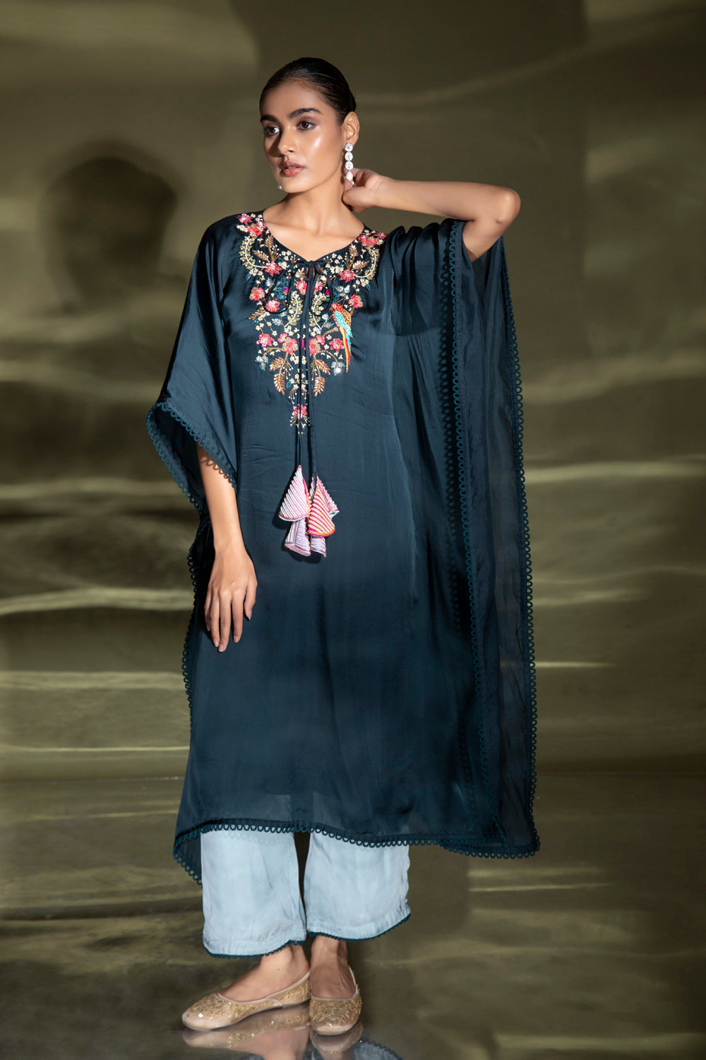 Cerulean Embroidered Kaftan With Plazo