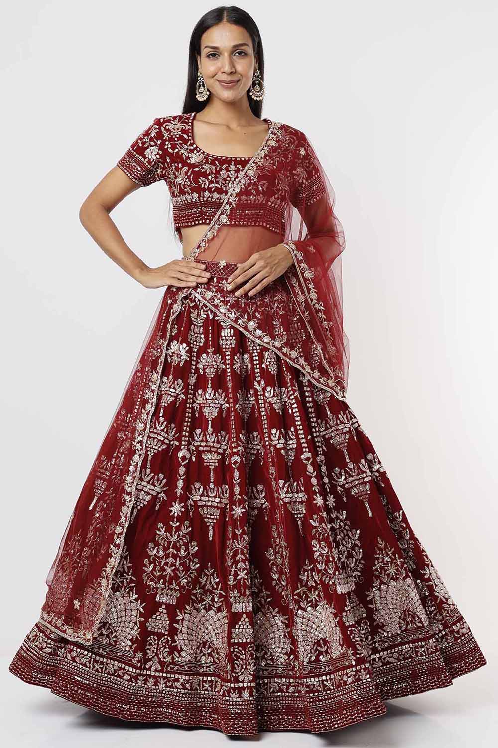 Velvet Red Embroidered Lehenga Set