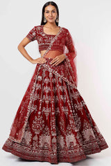 Velvet Red Embroidered Lehenga Set