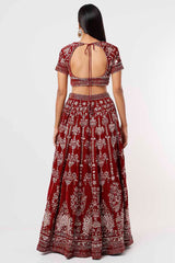 Velvet Red Embroidered Lehenga Set