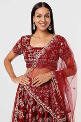 Velvet Red Embroidered Lehenga Set