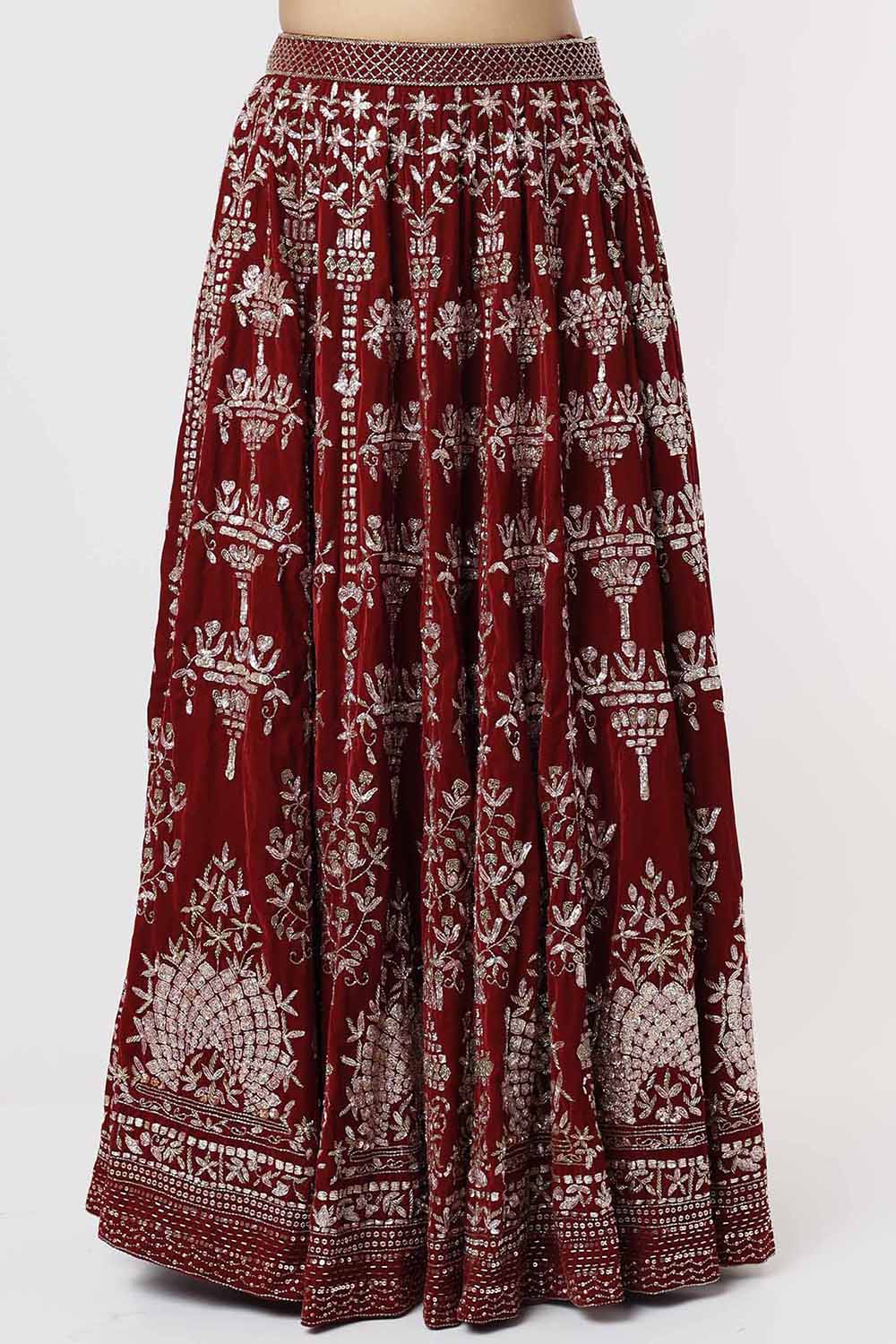 Velvet Red Embroidered Lehenga Set