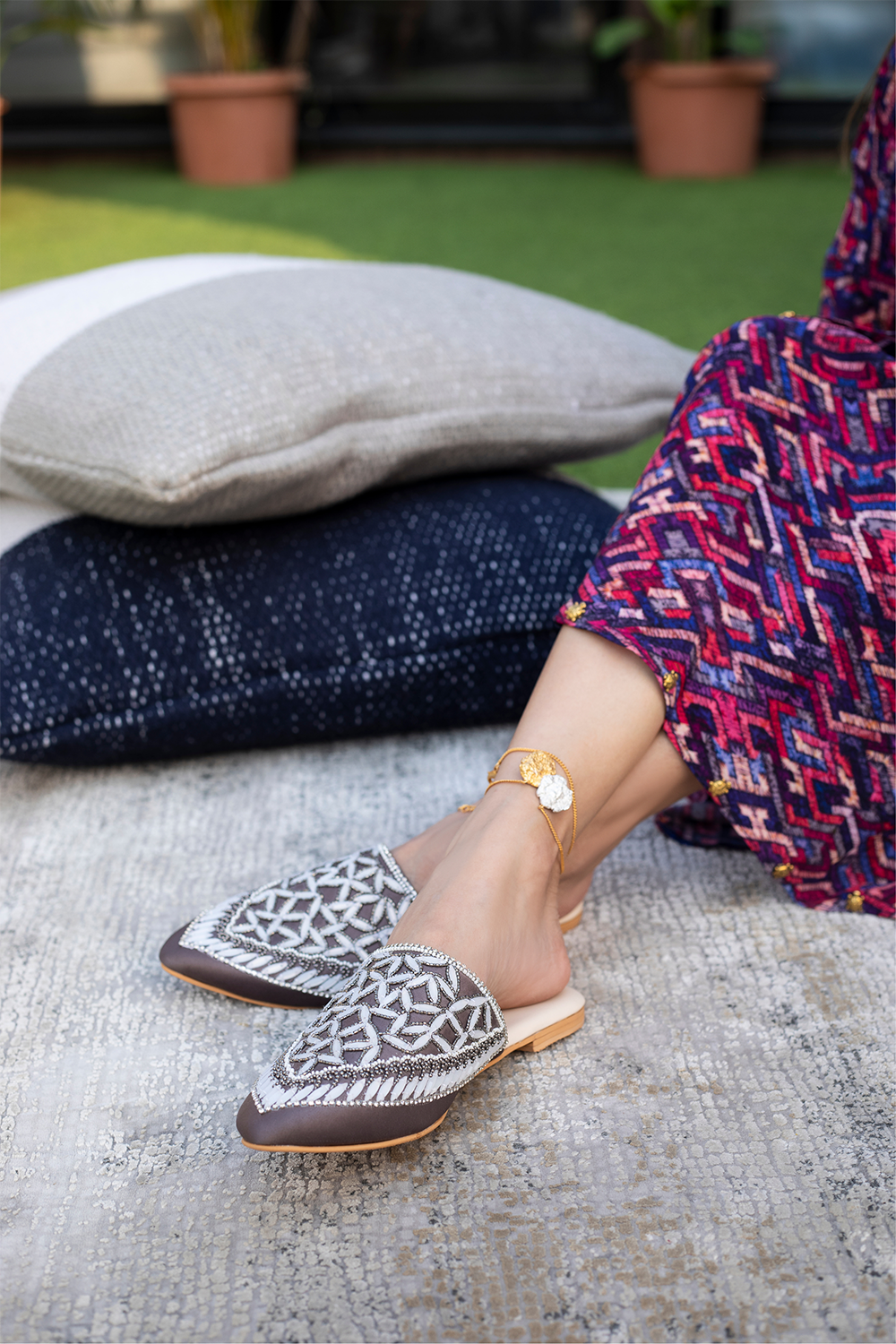 Grey Mules With White Detailing