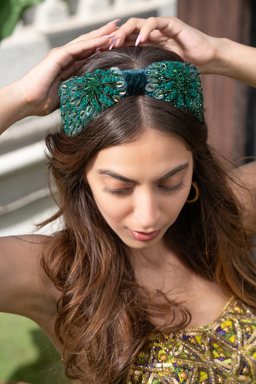 Forest Green Headband With Embroidery