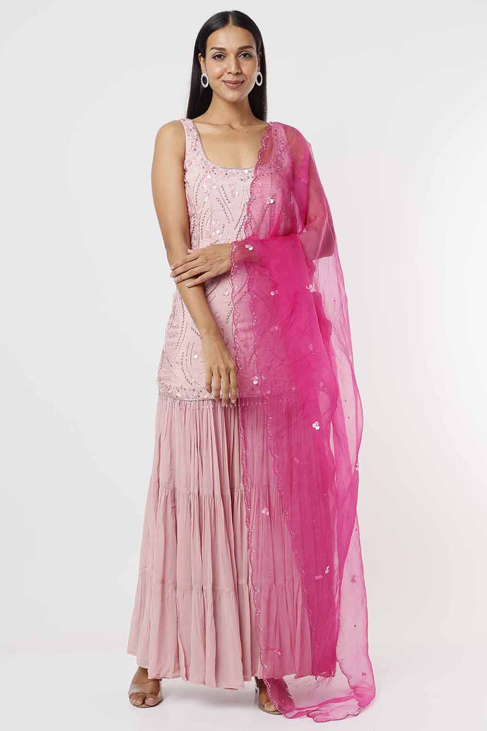 Rose Pink Short Kurta And Sharara With Hot Pink Dupatta Set