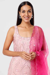 Rose Pink Short Kurta And Sharara With Hot Pink Dupatta Set