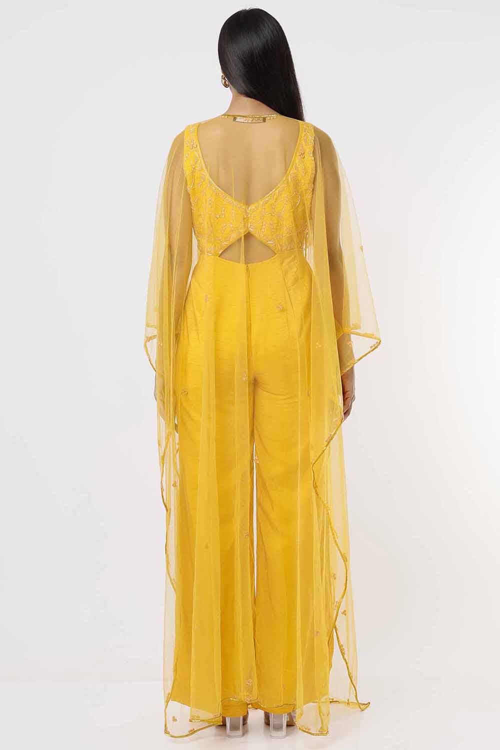 Yellow Embroidered Jumpsuit With Cape