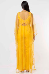 Yellow Embroidered Jumpsuit With Cape