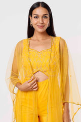 Yellow Embroidered Jumpsuit With Cape