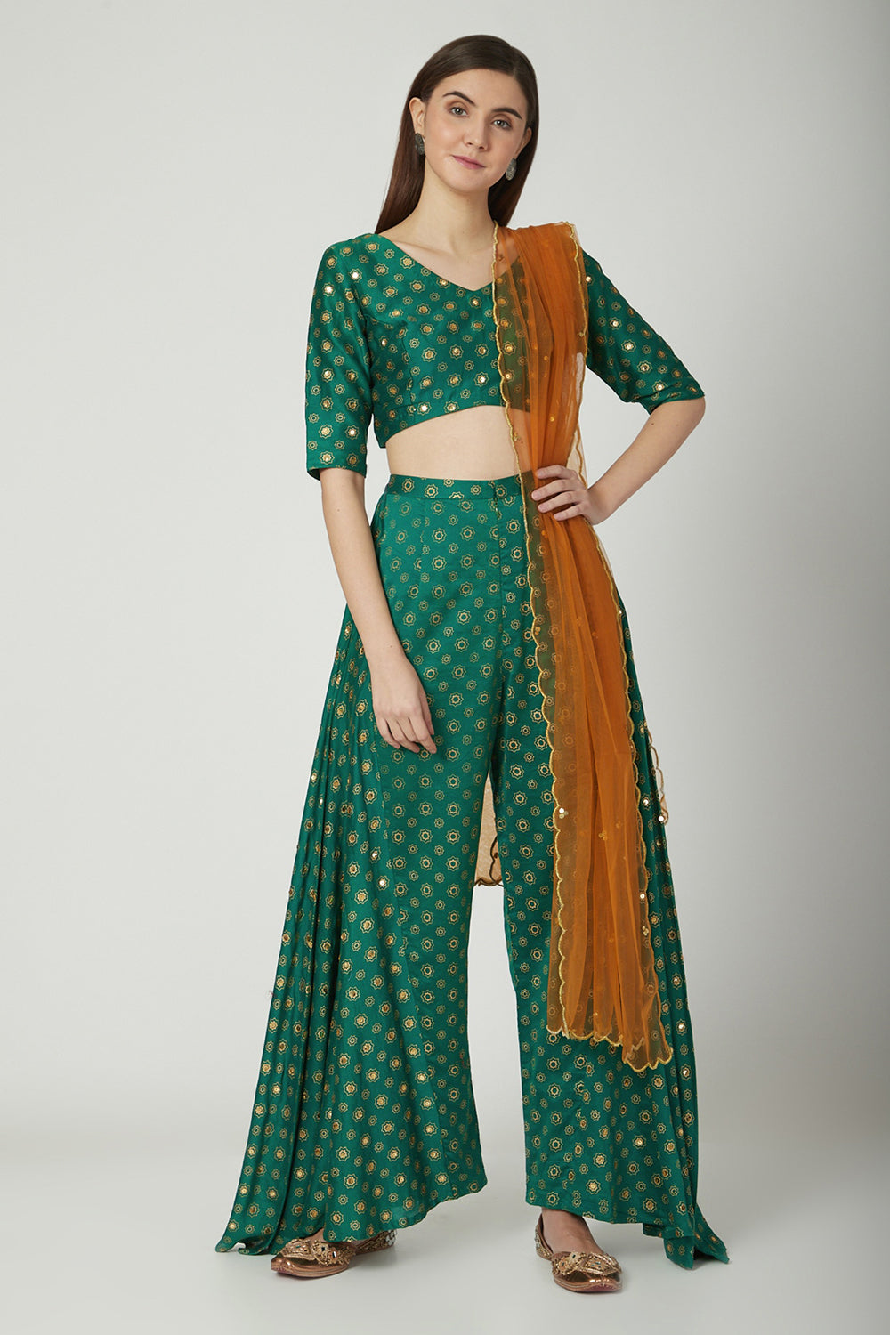 Crop Top With Skirt Pants & Dupatta In Emerald Green