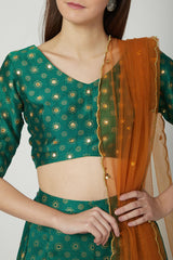 Crop Top With Skirt Pants & Dupatta In Emerald Green