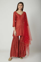 Embroidered & Printed Red Sharara Set