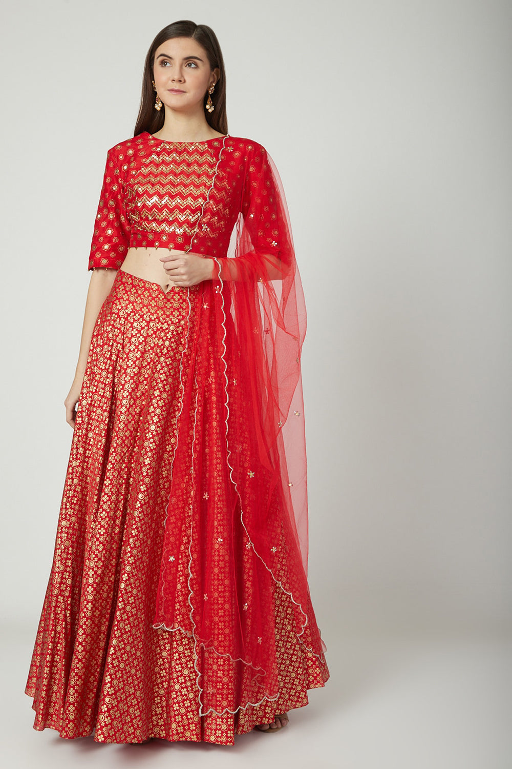 Embroidered & Printed Red Lehenga Set