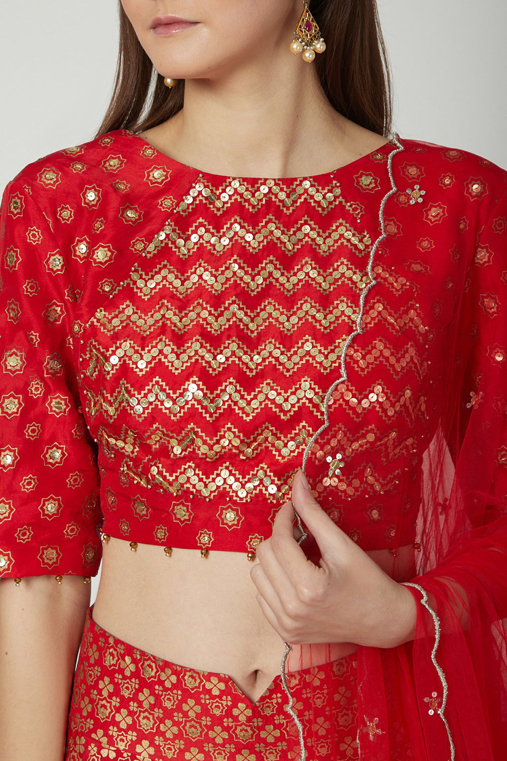 Embroidered & Printed Red Lehenga Set