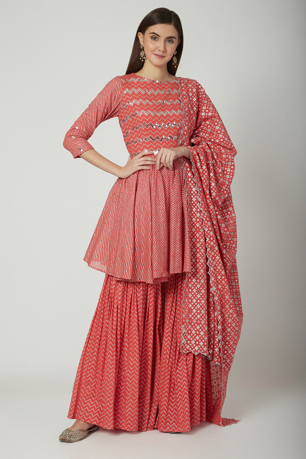 Embroidered & Printed Peach Sharara Set