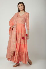 Embroidered & Printed Peach Wrap Anarkali Set