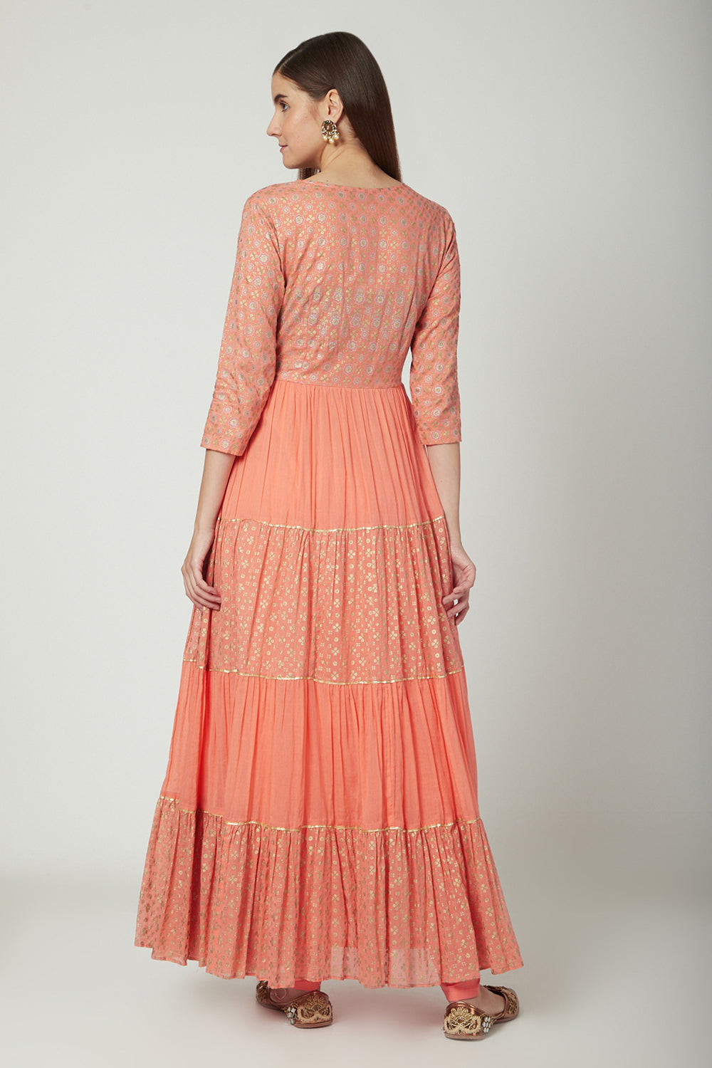 Embroidered & Printed Peach Wrap Anarkali Set