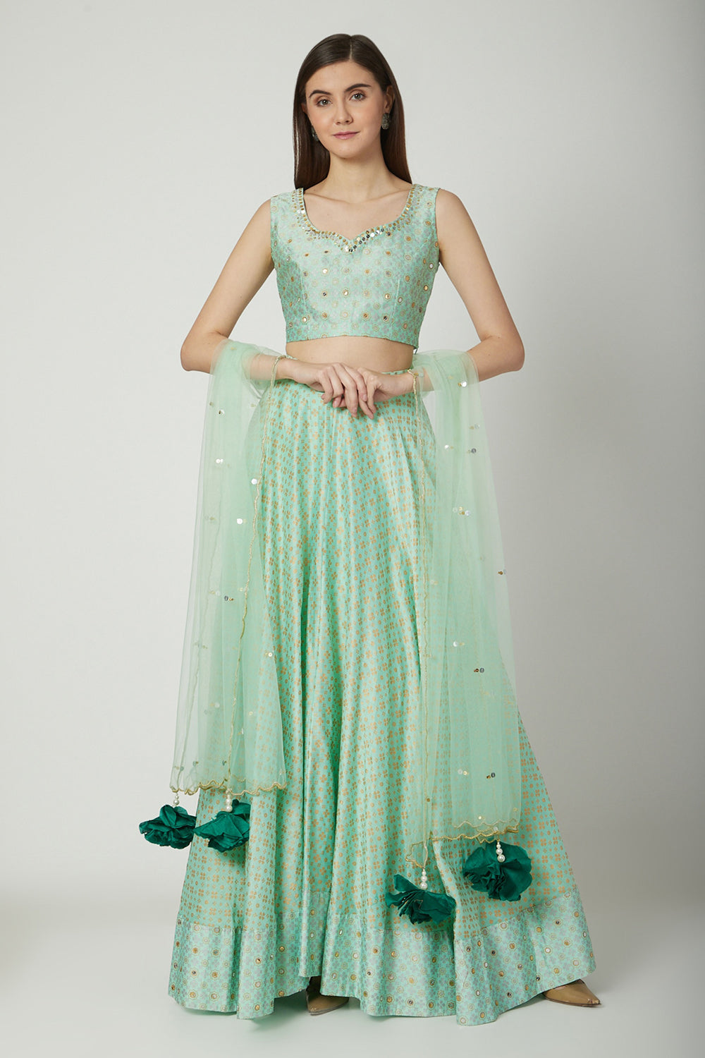 Embroidered & Printed Mint Green Lehenga Set