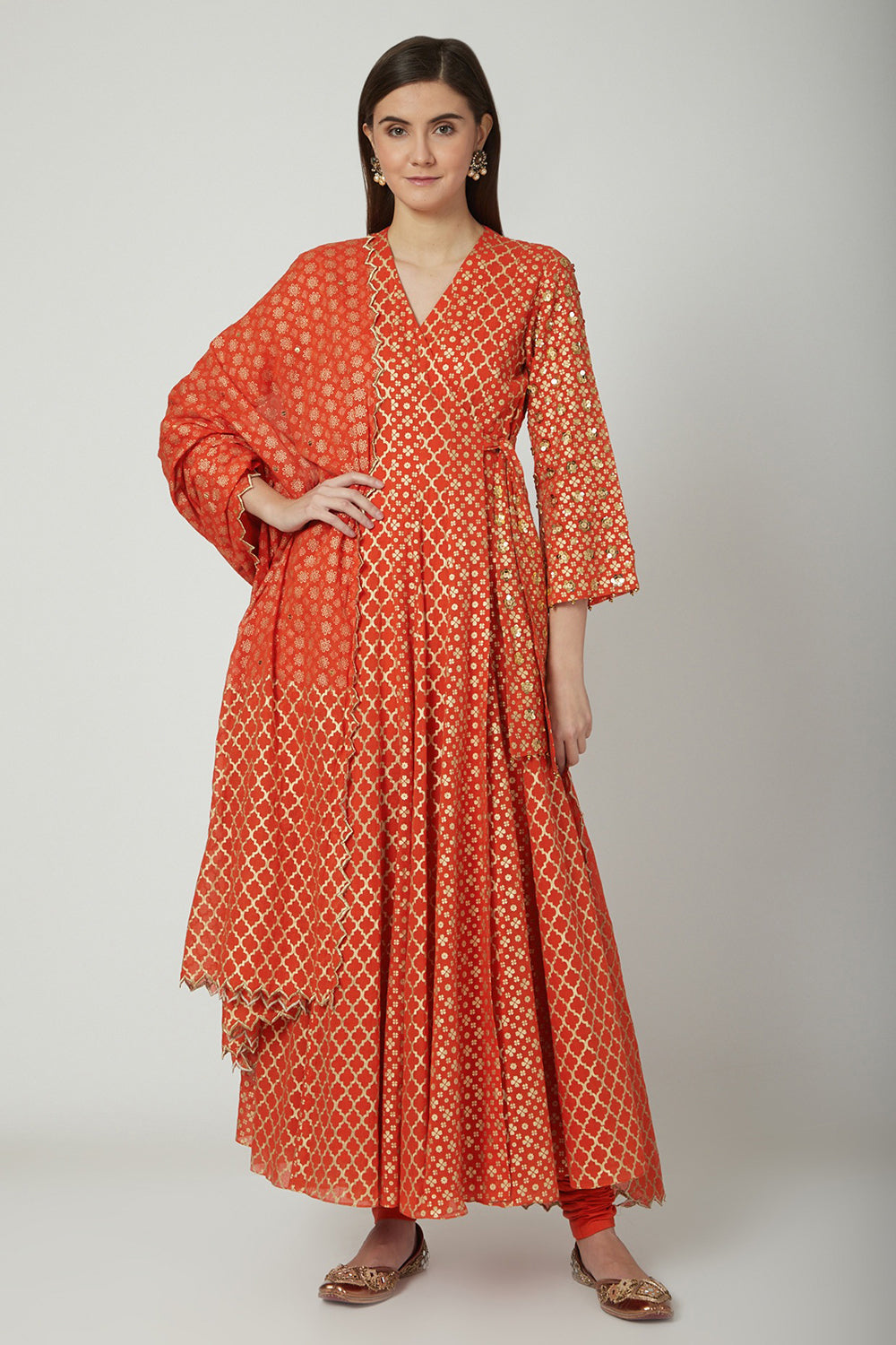 Embroidered & Printed Orange Angrakha Anarkali Set