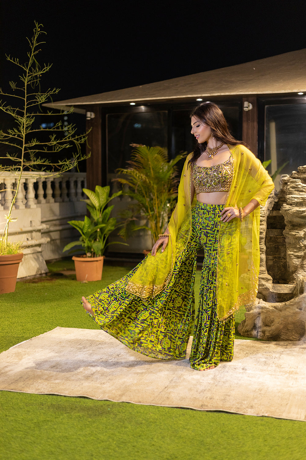 Green Choli, Shararas With Organza Cape