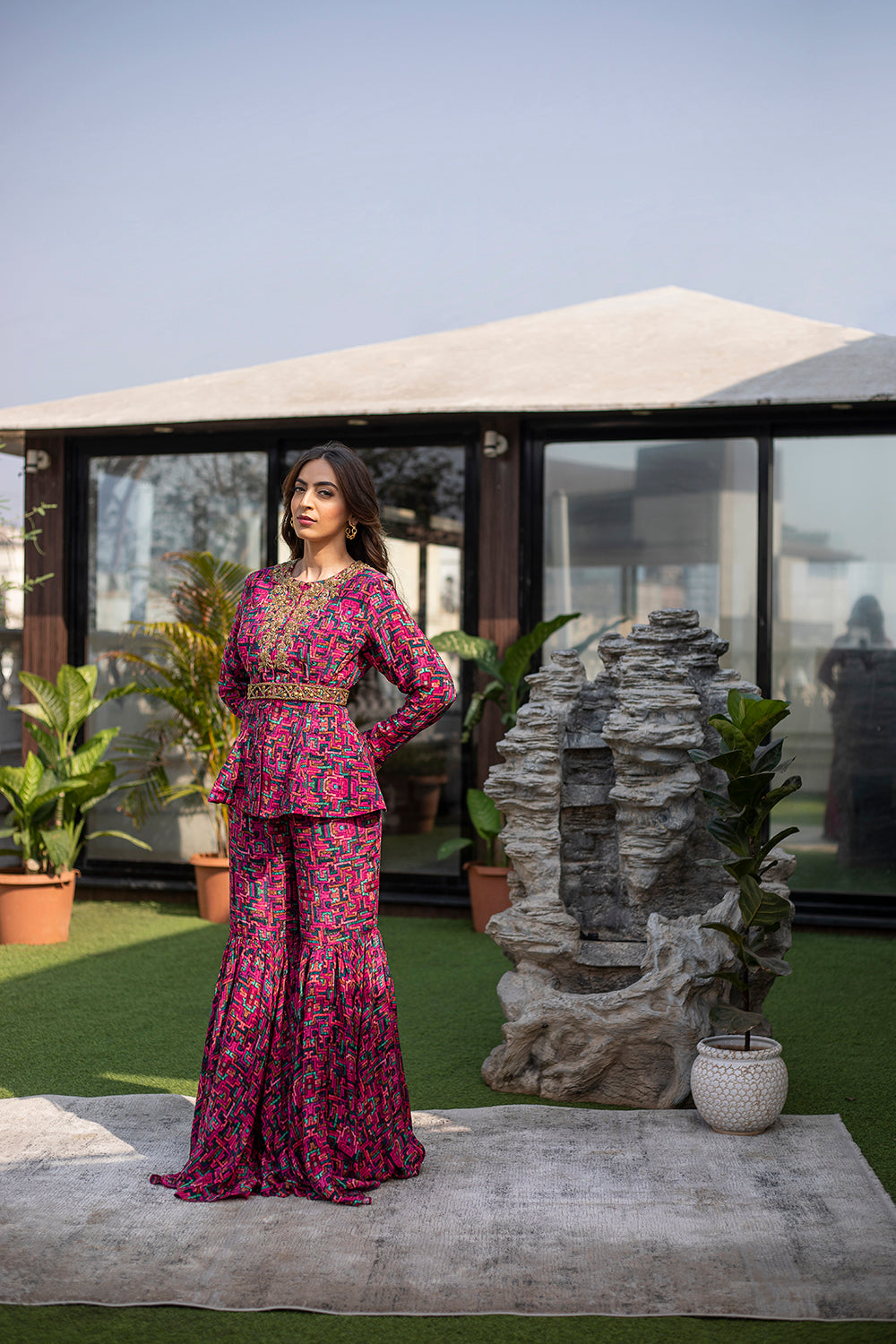 Pink Peplum Top With Sharara Pants And Embroidered Belt