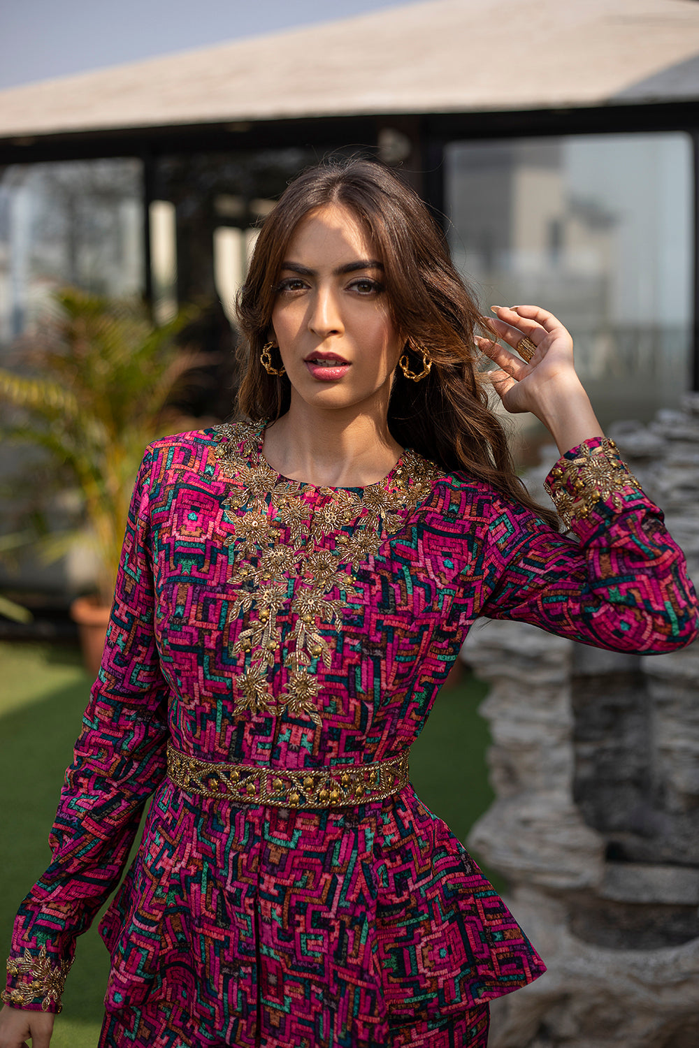 Pink Peplum Top With Sharara Pants And Embroidered Belt