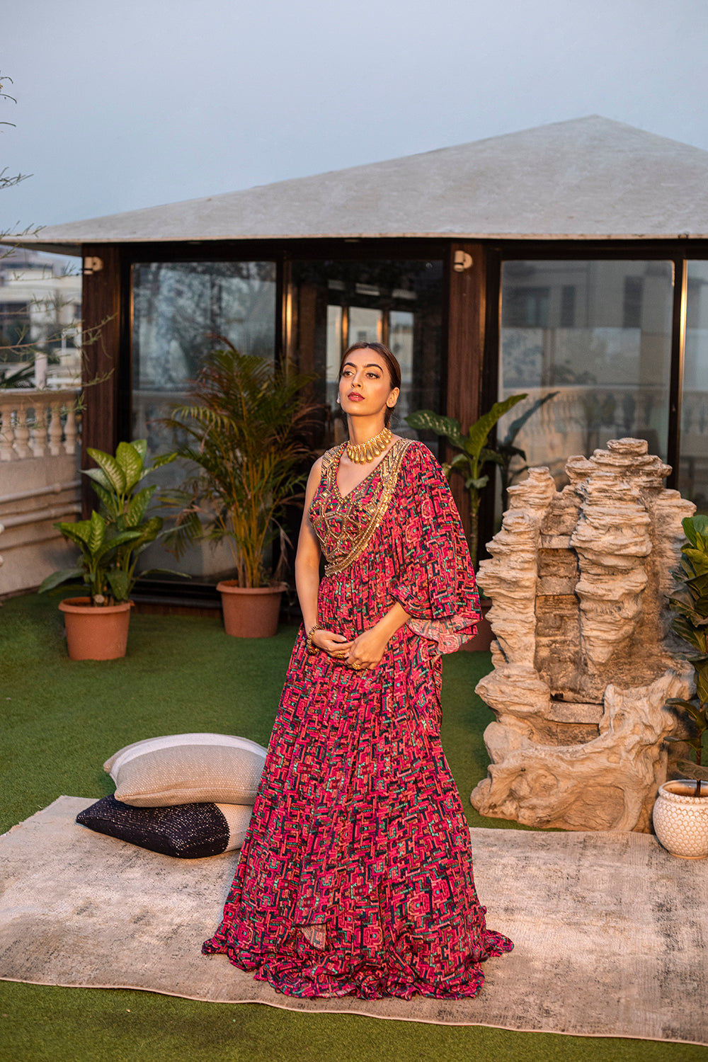 Pink Choli, One Shoulder Cape With Lehenga