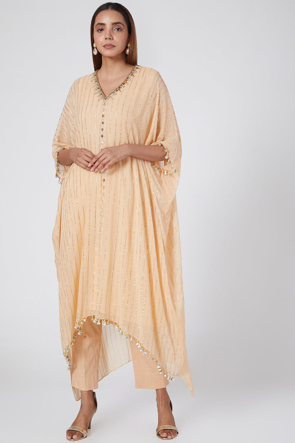 Embroidered Peach Kaftan With Pants