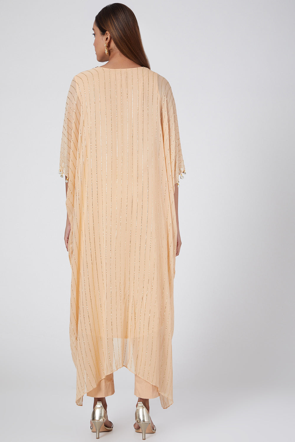 Embroidered Peach Kaftan With Pants