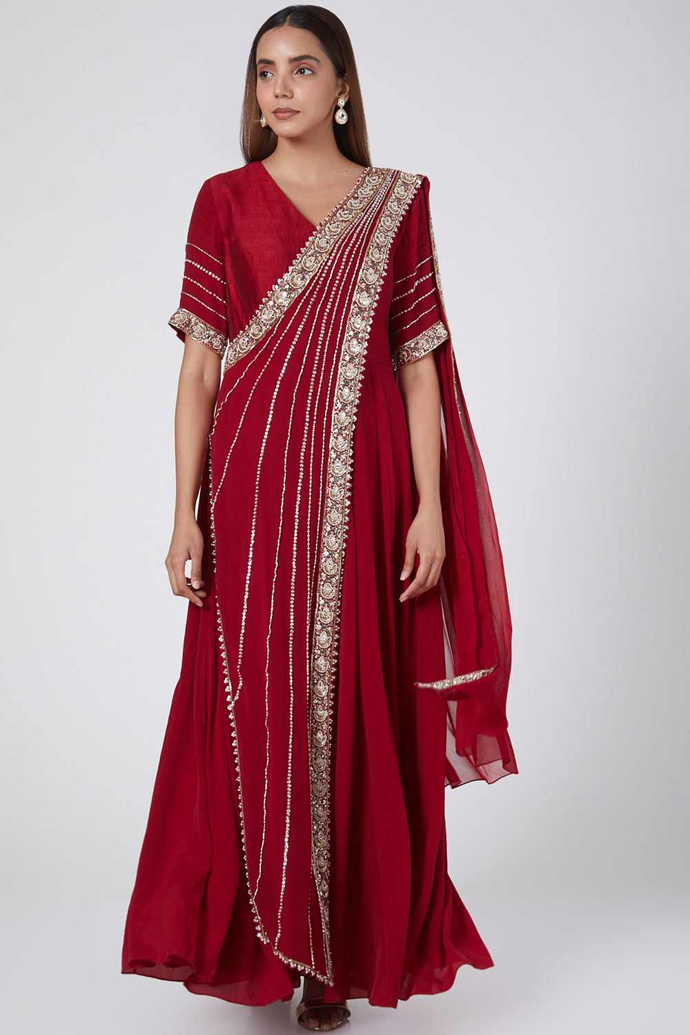 Embroidered Red Draped Anarkali