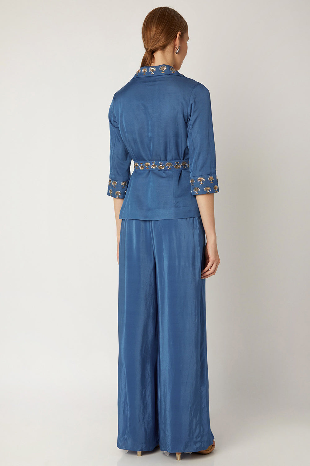 Embroidered Indigo Blue Jumpsuit With Attached Jacket & Belt