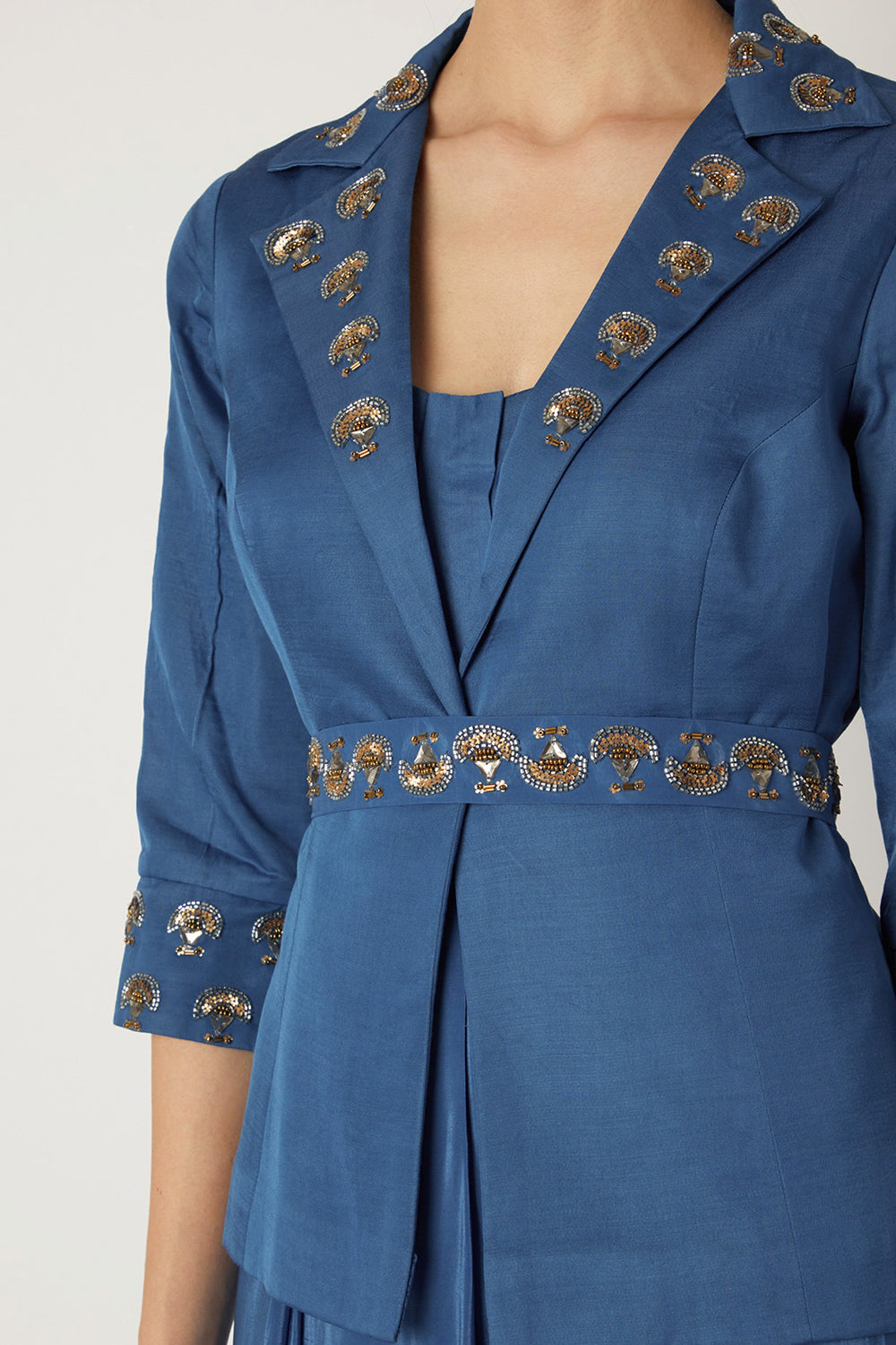 Embroidered Indigo Blue Jumpsuit With Attached Jacket & Belt