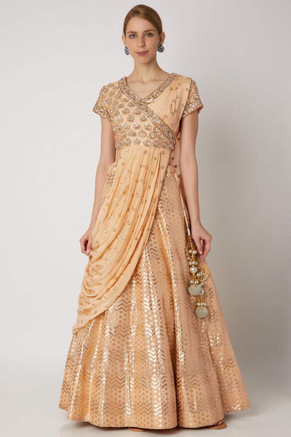 Embroidered Peach Draped Lehenga Set