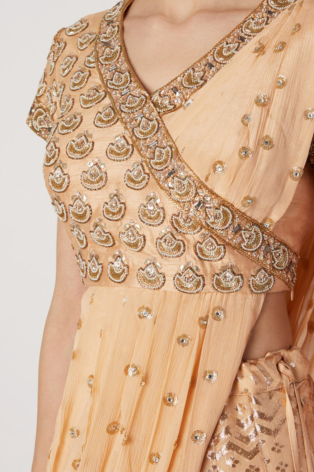 Embroidered Peach Draped Lehenga Set