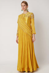 Embroidered Yellow Anarkali With Drape