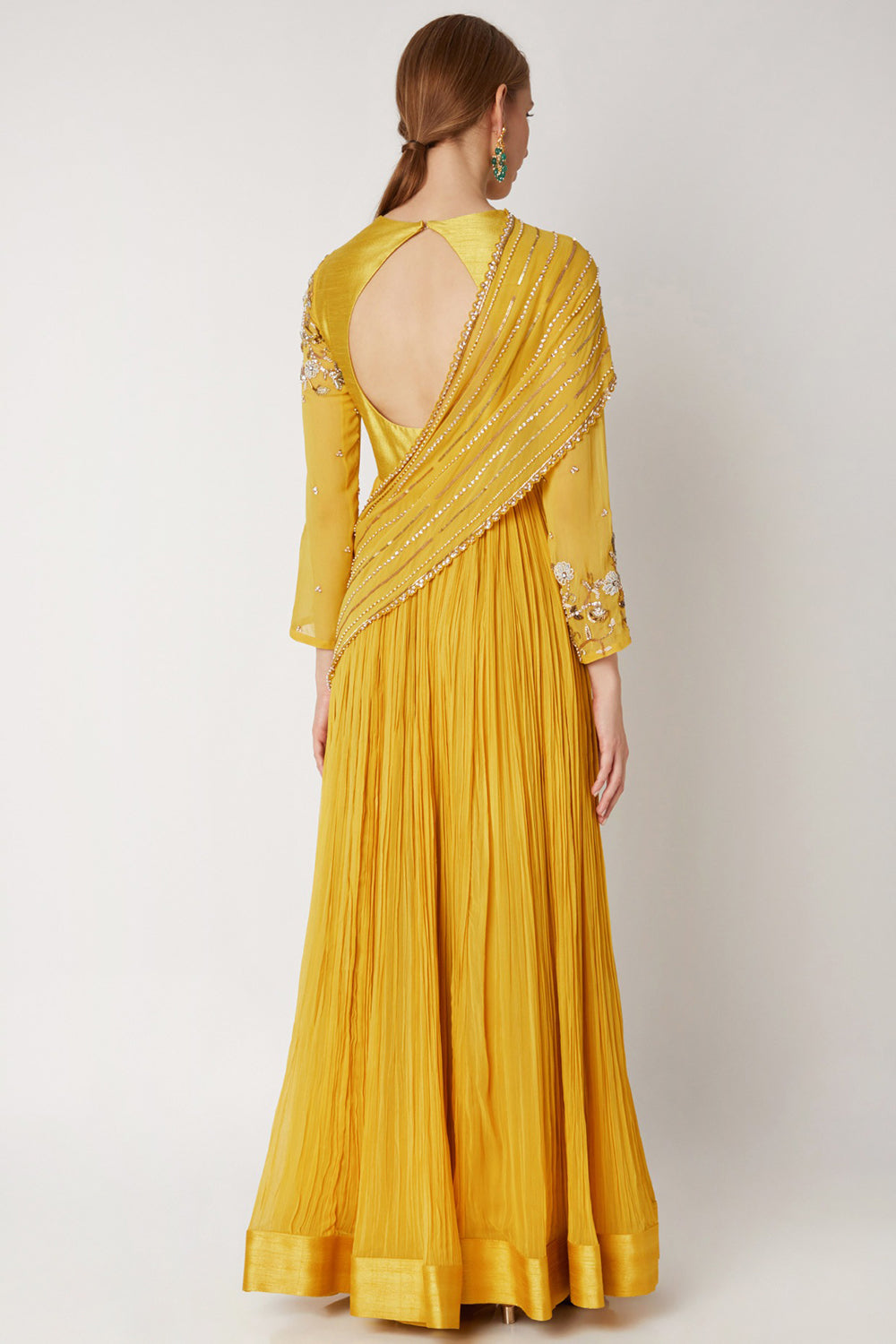 Embroidered Yellow Anarkali With Drape