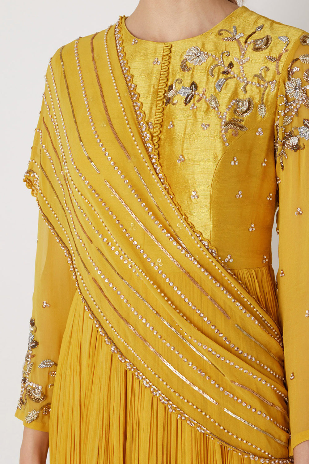 Embroidered Yellow Anarkali With Drape