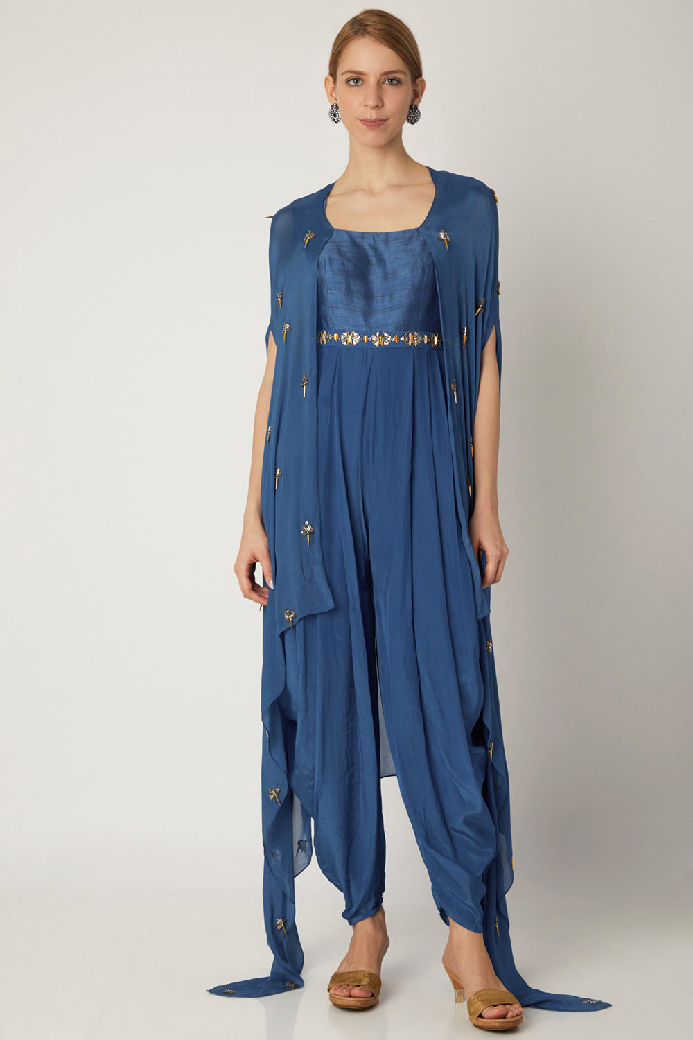 Embroidered Indigo Blue Jumpsuit With Attached Cape